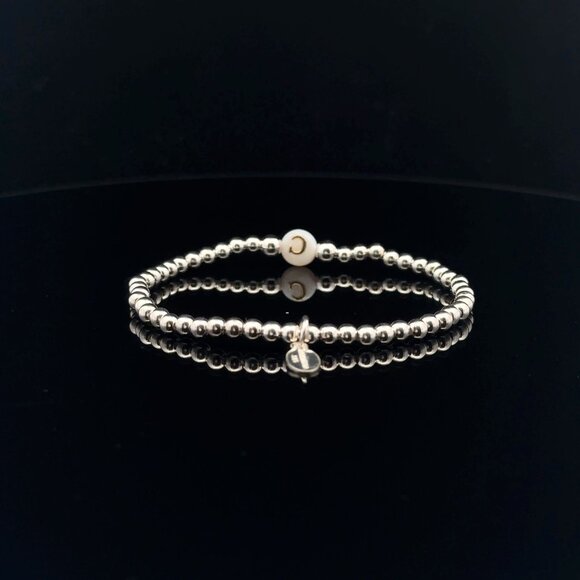 925 Sterling Silver Beaded Stretch Stacking Bracelet MOP Letter Initial C - Picture 5 of 6